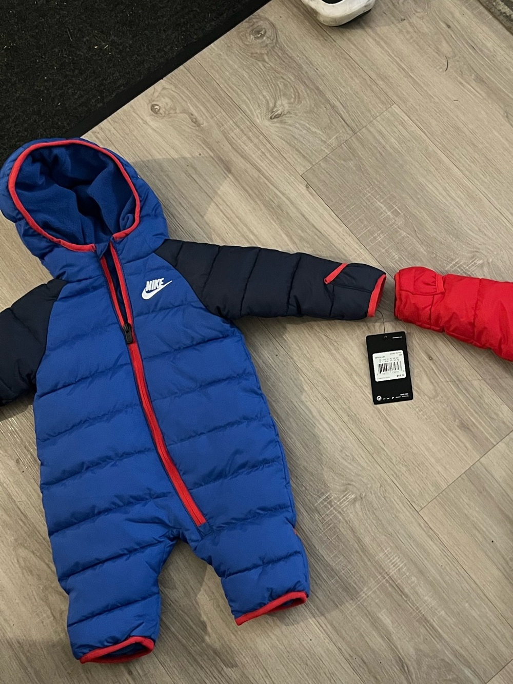 Nike Blue and Navy Puffer One-Piece Snowsuit with Red Trim